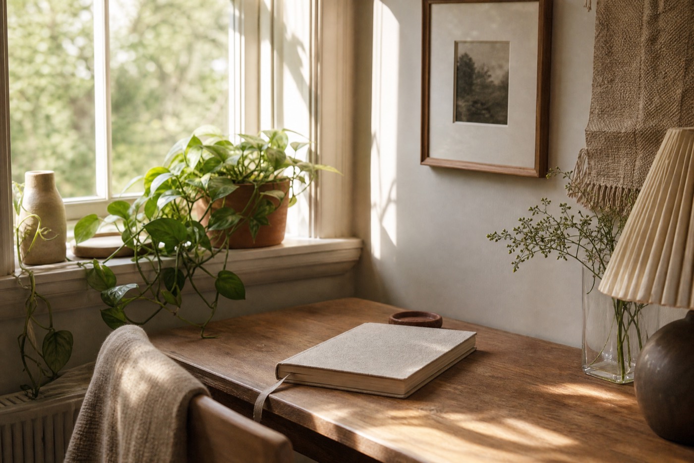 A calm home corner with a desk beside a window in warm afternoon light