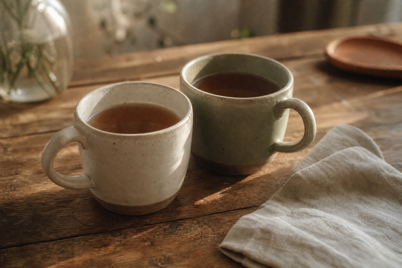 Two cups of tea resting together on a wooden table in soft daylight