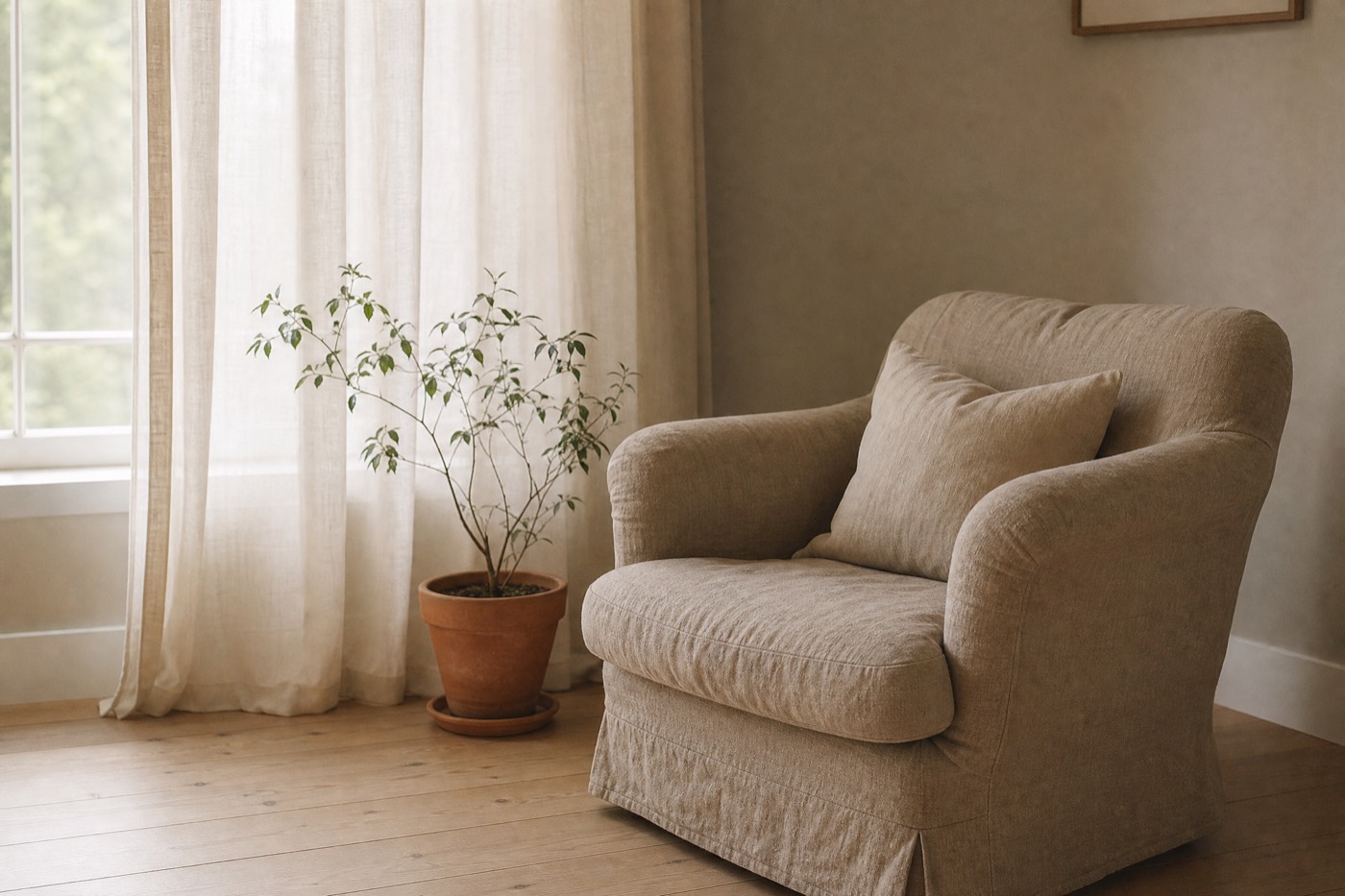A quiet room with a single armchair beside a window in warm morning light