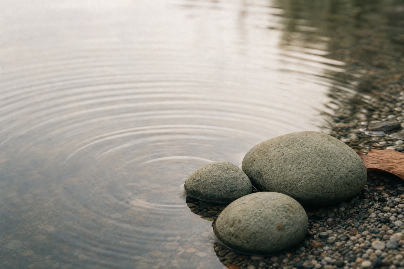 Smooth stones stacked at the edge of still water